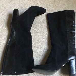 Anne Klein black suede leather high heeled boots